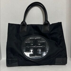 Tory Burch Black Nylon Tote Bag with Patent Trim